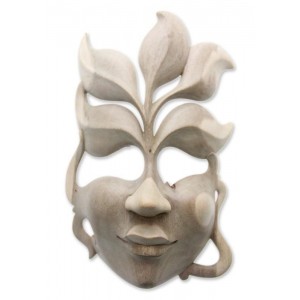 Hibiscus Wood Mask Surreal Wall Art Hand Carved &apos;Face of Nature&apos; NOVICA Bali    312202259632